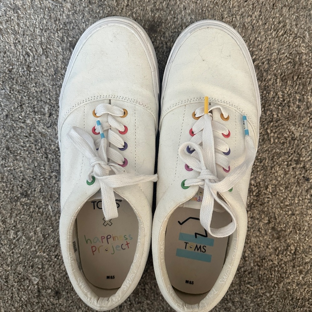 TOMS Men’s “The Happiness Project” White Canvas Shoes